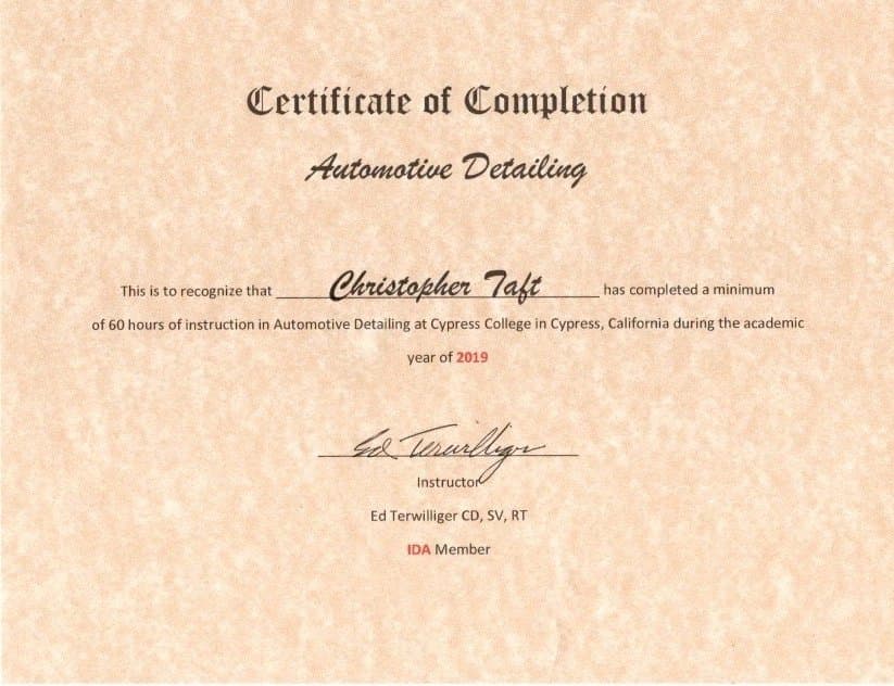 Cypress College Certificate of Completion